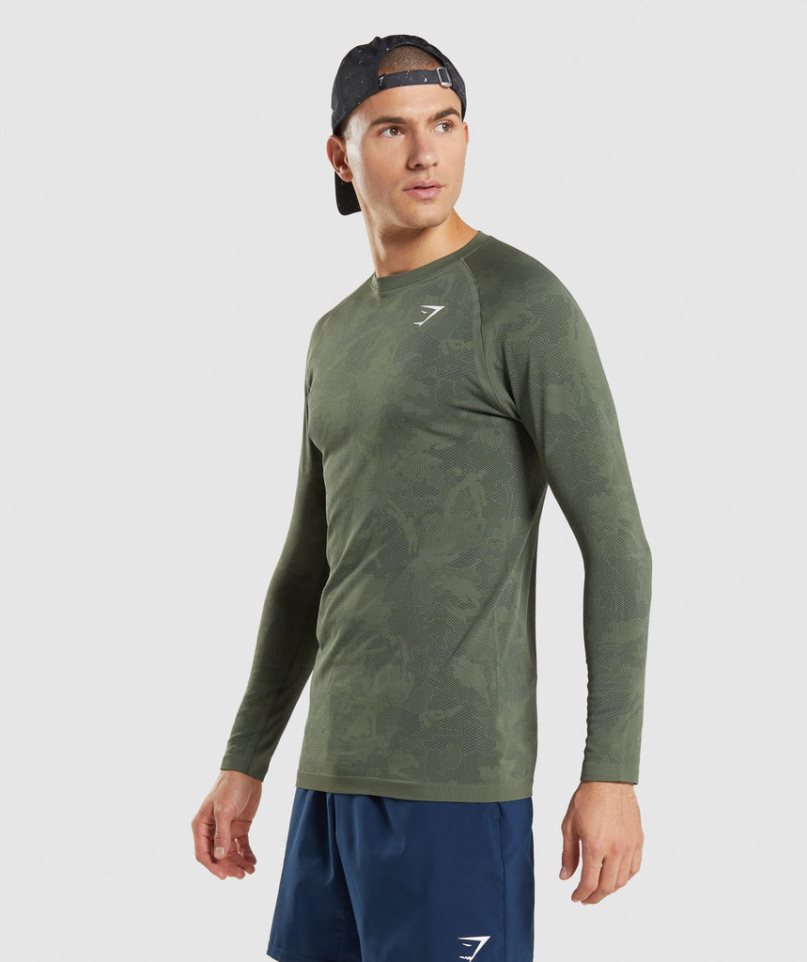 Koszulki Gymshark Geo Seamless Long Sleeve Męskie Oliwkowe | PL 849XJV